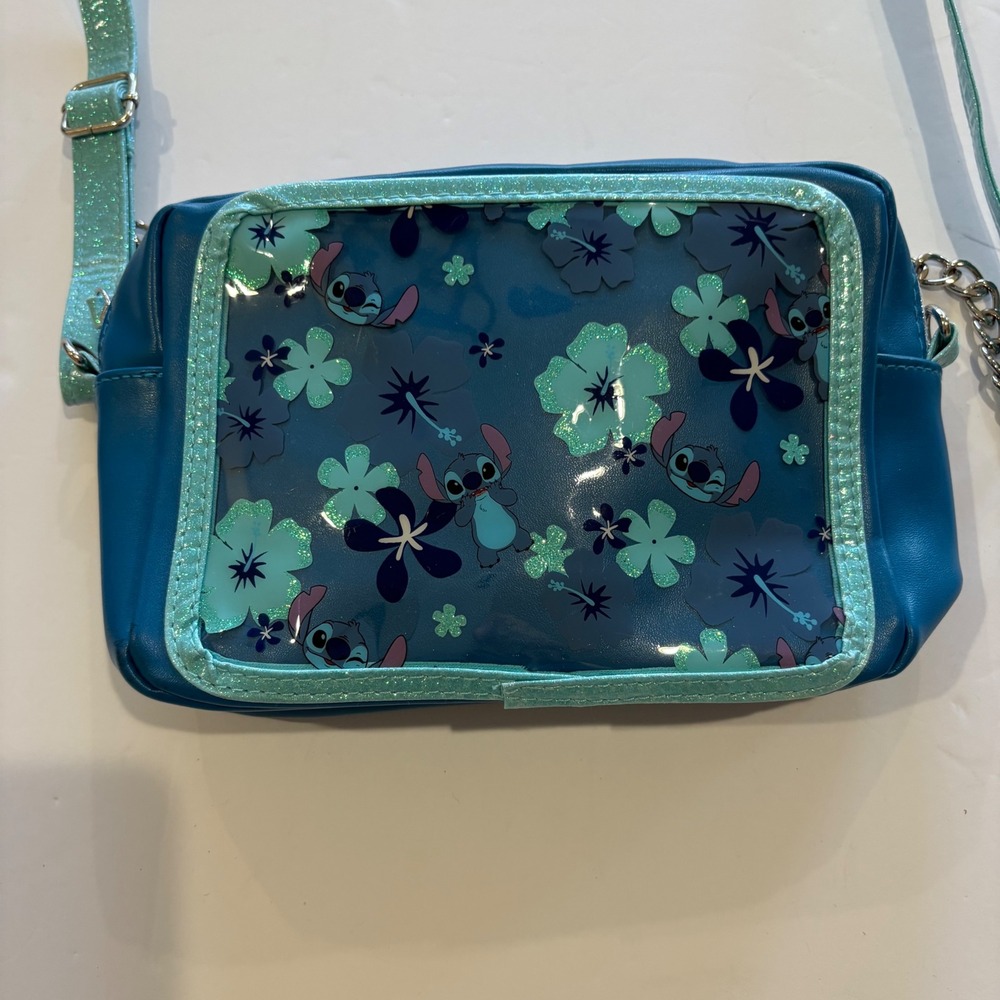 Disney Lilo & Stitch Girls BlueCrossbody Bag Floral Glitter Clear Window Purse